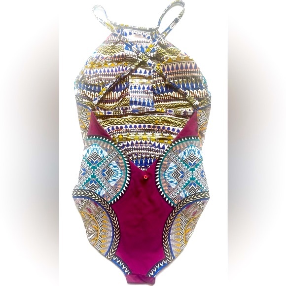 **REDUCED**Red Carter Women's Tribal Daze Strappy Plunge One Piece Swimsuit - Picture 5 of 10